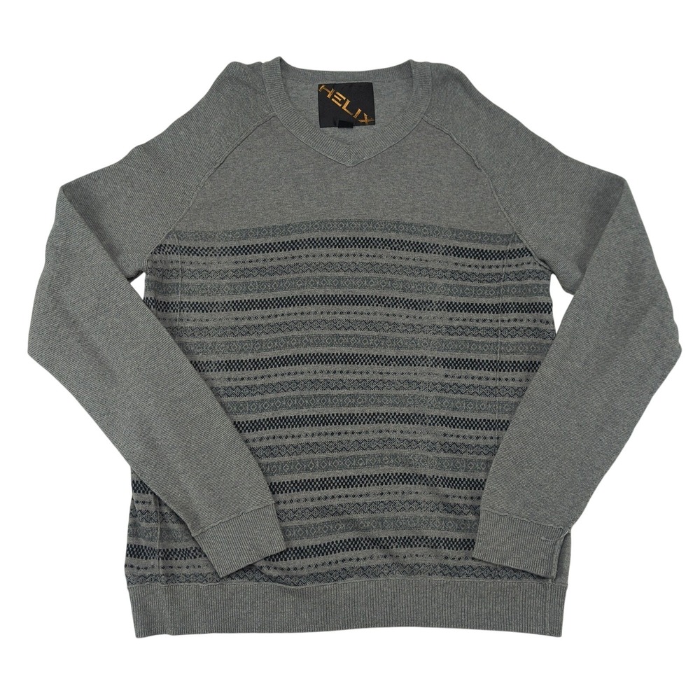 Helix Mens‎ XL Gray Cotton V-Neck Sweater Slim Fit Fair Isle Geometric Striped